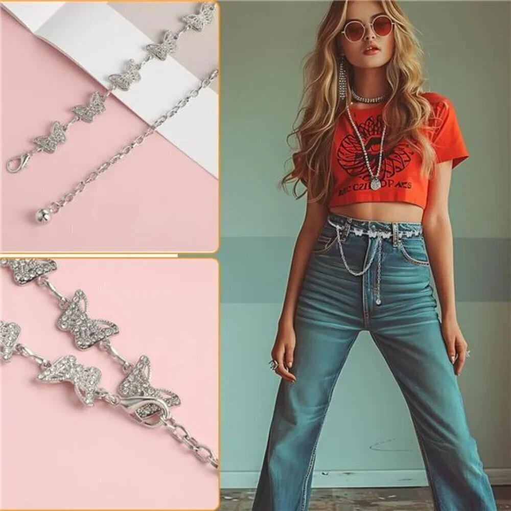 Silver Women Butterfly Waist Chain Belt Metal RhinestonesWaist Belts Women Dress